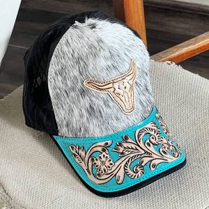 Gorra de béisbol snapback de cuero genuino repujado a mano con parche de diseño de toro, malla y visera curva, estilo camionero deportivo para verano - Product Image 2
