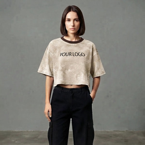 OEM Premium Quality Wholesale Women Vintage Acid Wash Crop <b>Top</b> T-Shirts Eco-Friendly <b>Patchwork</b> Cotton Short Sleeve Breathable - Product Image 5