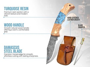 มีดพับเหล็กดามัสกัส ด้ามไม้มะกอกและหินเทอร์ควอยซ์ พร้อมปลอกมีดพกพา EDC สำหรับล่าสัตว์ ตั้งแคมป์ มีดสั่งทำพิเศษ OEM - Product Image 2