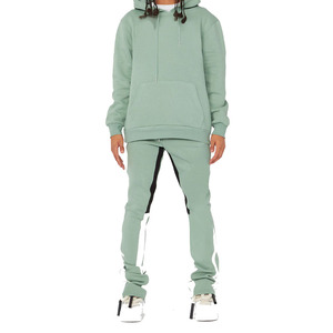 Ensemble de survêtement unisexe vert menthe à capuche, manches longues, couleur unie, décontracté, pour l'automne, 100% coton, coupe classique avec poches latérales - Product Image 1