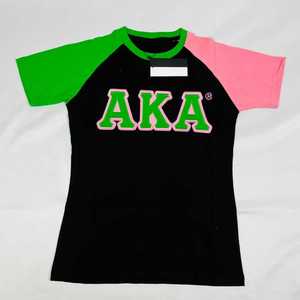 T-shirt Premium Femme AKA Noir Rose Vert en Chenille Brodé Lettres Grecques Color Block Col Rond Haut de Gamme Décontracté - Product Image 2