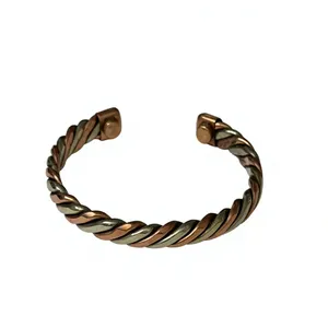 Handcrafted Pure Copper Surface Engraved Tri Tone Twisted Braid Motif Cuff Bracelet Heavy Duty Solid Copper - Product Image 1