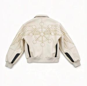 Chaqueta de Invierno para Hombre, de Cuero PU, Resistente al Viento, con Bordado de Cadena Dorada, Cuello Camisero, Cierre de Cremallera, Manga Regular, Color Sólido - Product Image 3