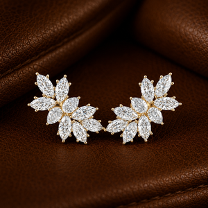 Pendientes de Diamante Cultivado en Laboratorio con Corte Marquesa, Oro Sólido de 14K/18K, Cierre a Presión, Diseño Floral en Racimo, DEF VVS, Pendientes de Compromiso, Venta al por Mayor ODM - Product Image 1