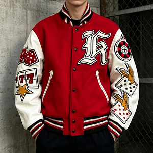 Custom Logo <b>Men</b> Varsity <b>Jacket</b> Embroidered Patch Leather Sleeve Bomber <b>Jacket</b> Wool <b>Baseball</b> Coat Red Vintage Streetwear <b>Jacket</b> - Product Image 3