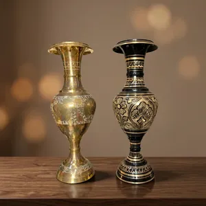 Handcrafted Brass and Black Metal <b>Decorative</b> <b>Vase</b> Floral Engraved Flower Holder Luxury Home Decor Table Centerpiece - Product Image 1