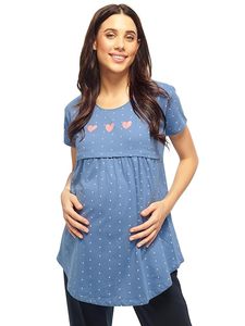 Camiseta de maternidad con estampado de puntos azules para mujer, camiseta de manga corta con cuello redondo, corte holgado, informal, de algodón, para primavera y verano - Product Image 1