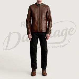 เสื้อแจ็คเก็ตหนังแท้สีน้ำตาลแทนสำหรับผู้ชาย รุ่นพรีเมียม สไตล์คลาสสิคคาเฟ่เรเซอร์ คอตั้ง ทรงเข้ารูป แฟชั่นลำลอง - Product Image 3