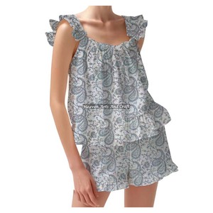 100% Cotton <b>Black</b> Shorts <b>Pajama</b> <b>Set</b> Soft Indian Floral Spring/Summer Floral Fitted Strappy Ruffle Trim Sleeves PJ <b>Set</b> - Product Image 6