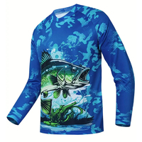 Op maat gemaakte hoogwaardige vissershemd voor heren, lange mouwen, sublimatieprint, blauwe marlijn design, UPF 50 anti-UV bescherming