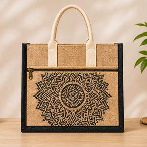Bolsa de yute laminada personalizada con estampado de mandala, ecológica, reutilizable, con bolsillo con cremallera y asa de algodón, al por mayor. - Product Image 1