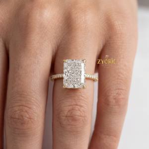 Anillo de Compromiso de Lujo con Diamante Cultivado en Laboratorio, Corte Radiante, Engaste Pavé, Chapado en Oro de 14K, Regalo de Aniversario de Bodas para Mujer, a la Moda - Product Image 3