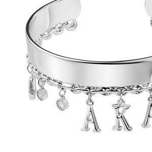 <b>Silver</b> Tone Statement Cuff <b>Bracelet</b> with Decorative Letter Charms Stylish Open <b>Bangle</b> Jewelry Accessory for Women Wedding Party - Product Image 4