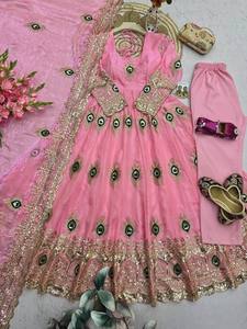 Robe Anarkali brodée rose pour femme, tenue traditionnelle indienne et pakistanaise pour mariage, robe longue avec motif paon - Product Image 4