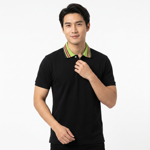เสื้อโปโลแขนสั้นสีดำสำหรับผู้ชาย คอเสื้อลายทางสีเขียว ดีไซน์ทอแบบเรียบง่าย สวมใส่สบาย ทรงปกติ - Product Image 3