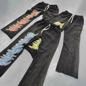 Custom Men's Casual Mid Waist Stone Wash Cotton Blend Drawstring Closure Flared Breathable Sweatpants Wide Leg Embroidery - Product Image 2