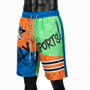 Pantalones cortos cortavientos de poliéster taslan premium, con paneles en naranja, verde y azul, estampado por sublimación, bordado y logotipo personalizado para hombre. - Product Image 3