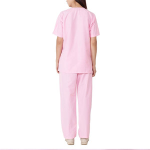 Ensemble de blouses et pantalons roses pour femmes, col en V, manches courtes, en coton et polyester tissé, tenue d'hôpital, détection d'aiguilles - Product Image 4