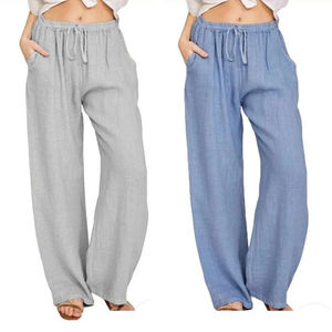 Pantalon large gris en lin et coton pour femme, taille mi-haute avec cordon de serrage, coupe ample, longueur pleine, décontracté, couleur unie, idéal pour l'été – Meilleur prix - Product Image 6