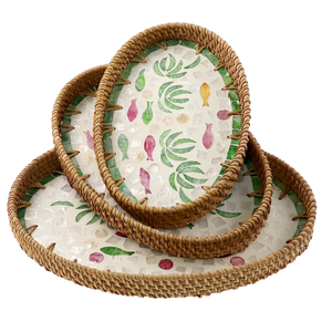 Bandeja de mimbre, adornos decorativos, bandeja redonda de almacenamiento, plato de frutas con conchas coloridas, bandeja de diseño creativo para té, café y aperitivos - Product Image 6