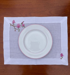 Custom Luxury Washable Handmade Embroidery Pink Magnolia <b>Placemats</b> Napkins Sets Hemstitch White Linen Home Wedding Events - Product Image 2