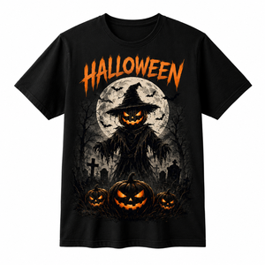 Camiseta de algodón de alta calidad cómoda de manga corta con estampado de Halloween de calabaza, espantapájaros, sombrero de bruja, luna llena y cementerio para hombre - Product Image 1