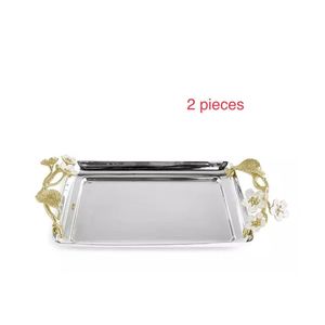 Bandeja de Servir Ovalada de Metal Plateado de Lujo con Asas de Lazo Dorado |   Plato Decorativo Antiguo para Joyas, para Decoración de Bodas y Hogar - Product Image 2