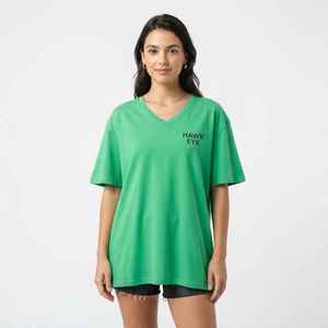 Women's Olive Green V-Neck Short Sleeve T-Shirt Loose Fit 100% Cotton Casual Jersey Logo <b>Top</b> - Product Image 3