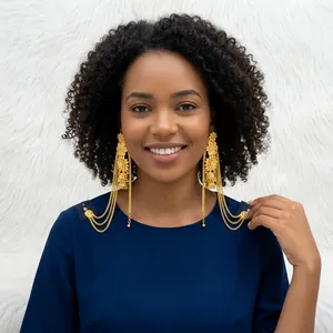 New Design <b>Cute</b> Flower Shape 24K Gold Plated Brass Long Chain Stud <b>Earrings</b> for Women African Nigerian Arabic Dubai Weddings - Product Image 5