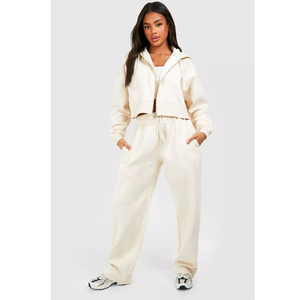 Women's Cream Hooded <b>Zip</b>-Up Tracksuit Set Full Length Loose Fit Side Pockets Casual Autumn Wear 100% Cotton Sweatpants - Product Image 6