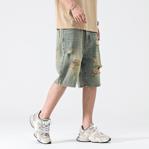 Shorts en jean déchirés et délavés pour homme, coupe droite, taille mi-haute, décontractés, en coton, bleu clair, pour l'été - Product Image 6