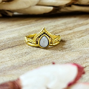 Unique Design Bohemia Moonstone <b>Crown</b> <b>Ring</b> Ethnic Brass Women 18K Gold Plated Tiara Tribal V Shaped Wholesale/OEM/ODM - Product Image 1