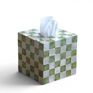 Caja para pañuelos de nácar, forma cuadrada, diseño moderno con patrón a cuadros verde y blanco, uso práctico - Product Image 3