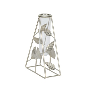 Vase de table industriel en fer avec tube en verre, hauteur 20 cm, motif feuille noire, support décoratif pour fleurs - Product Image 1