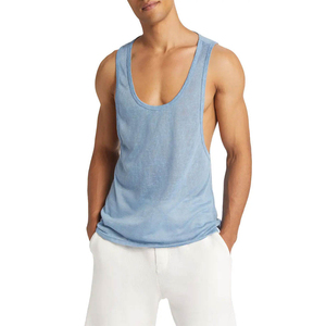 Men's Light <b>Blue</b> Solid Knitted V-Neck Tank <b>Top</b> Breathable Casual Style 100% Cotton - Product Image 1
