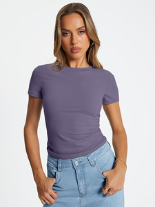 Camiseta de Algodón Elástica Ajustada de Alta Calidad para Mujer, Color Sólido, Manga Corta, Lisa, Informal, Verano, Talla Grande, Logotipo Personalizado - Product Image 2