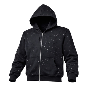 Sweat-shirt à capuche zippé noir pour homme avec strass, en molleton personnalisé, style streetwear décontracté avec poches avant - Product Image 1