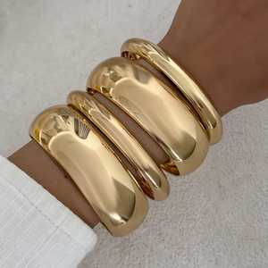 Gold Tone Brass Chunky Bangle Set Smooth Polished Statement Bangles Minimal Thick Stackable Fashion Jewelry - Product Image 4