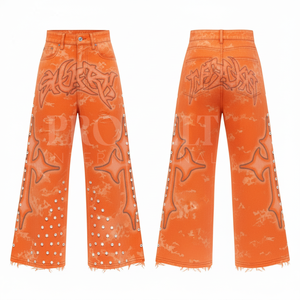 OEM ODM Autumn Winter Cotton Denim <b>Jeans</b> Custom Silver Star Studs & Distressed Hem Fashionable Streetwear Sweat Pants - Product Image 2