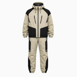 Men's Beige Black Color Block <b>Windbreaker</b> Pants Set Waterproof Hooded Outdoor Wear Custom <b>Windbreaker</b> Sets - Product Image 1