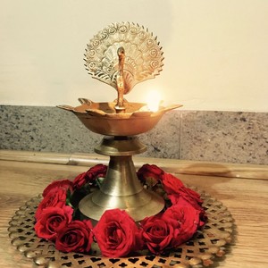 Elegant Brass Oil <b>Lamp</b> Pair with Artistic Back Design, Multi Diya Stand for Religious Puja, Temple Decor & Cultural Celebrations - Product Image 1