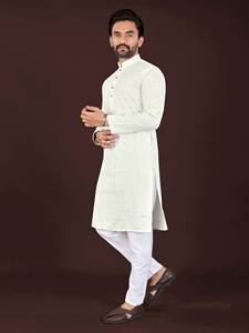 Kurta vert Lucknavi Chikankari pour homme avec pyjama en coton blanc, coupe régulière, longueur cheville, tenue traditionnelle pour toutes les saisons - Product Image 6