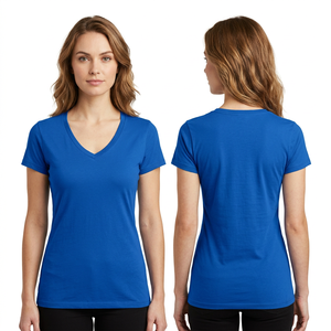 T-shirt décontracté pour femme, col en V, manches courtes, coupe classique, bleu uni, tricoté, longueur normale, toutes saisons, 100% coton - Product Image 5