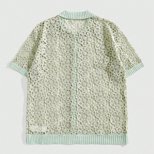 Camisas de punto de ganchillo vintage más vendidas de 2026 para hombre, con encaje floral, manga corta, abotonadas, transpirables, informales de verano para la playa - Product Image 2