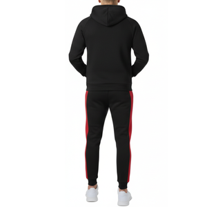 Ensemble de survêtement premium pour homme noir et rouge - Sweat à capuche Chevron V-Shape Color Block avec pantalon assorti - Product Image 2