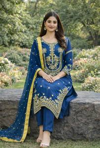 Conjunto de Salwar Kameez Azul Bordado para Mujer, Traje Étnico de Dos Piezas con Dupatta para Bodas y Fiestas - Product Image 2