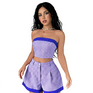 Custom Logo Y2K Style Women's Two-Piece Fleece Set Strapless Tube Crop Top <b>High</b>-Waist Shorts Polyester/Cotton Breathable Summer - Product Image 3