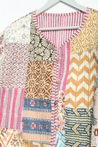 Color Handmade Patchwork Indian Cotton Long <b>Quilted</b> Kantha <b>Jacket</b> for Women Eco-Friendly Windproof Floral <b>Pattern</b> Detachable - Product Image 2