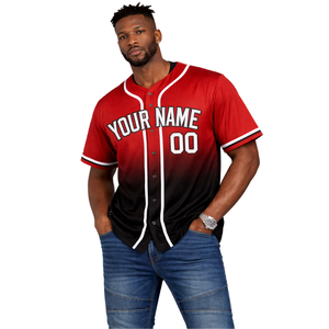 Camiseta de béisbol personalizada, camisa de equipo con botones en degradado rojo y negro, uniforme deportivo con nombre y número personalizados - Product Image 1