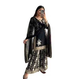 Elegant Georgette Embroidery Kurti Palazzo Set with Dupatta Pakistani Style 3mm Sequins Work Salwar Kameez Indian Party Wear - Product Image 1